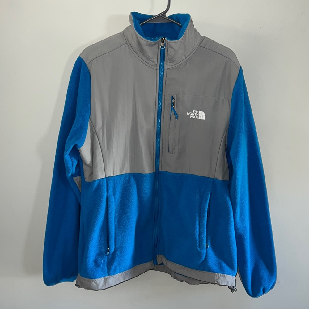 The North Face blue and gray fleece zip front jacket